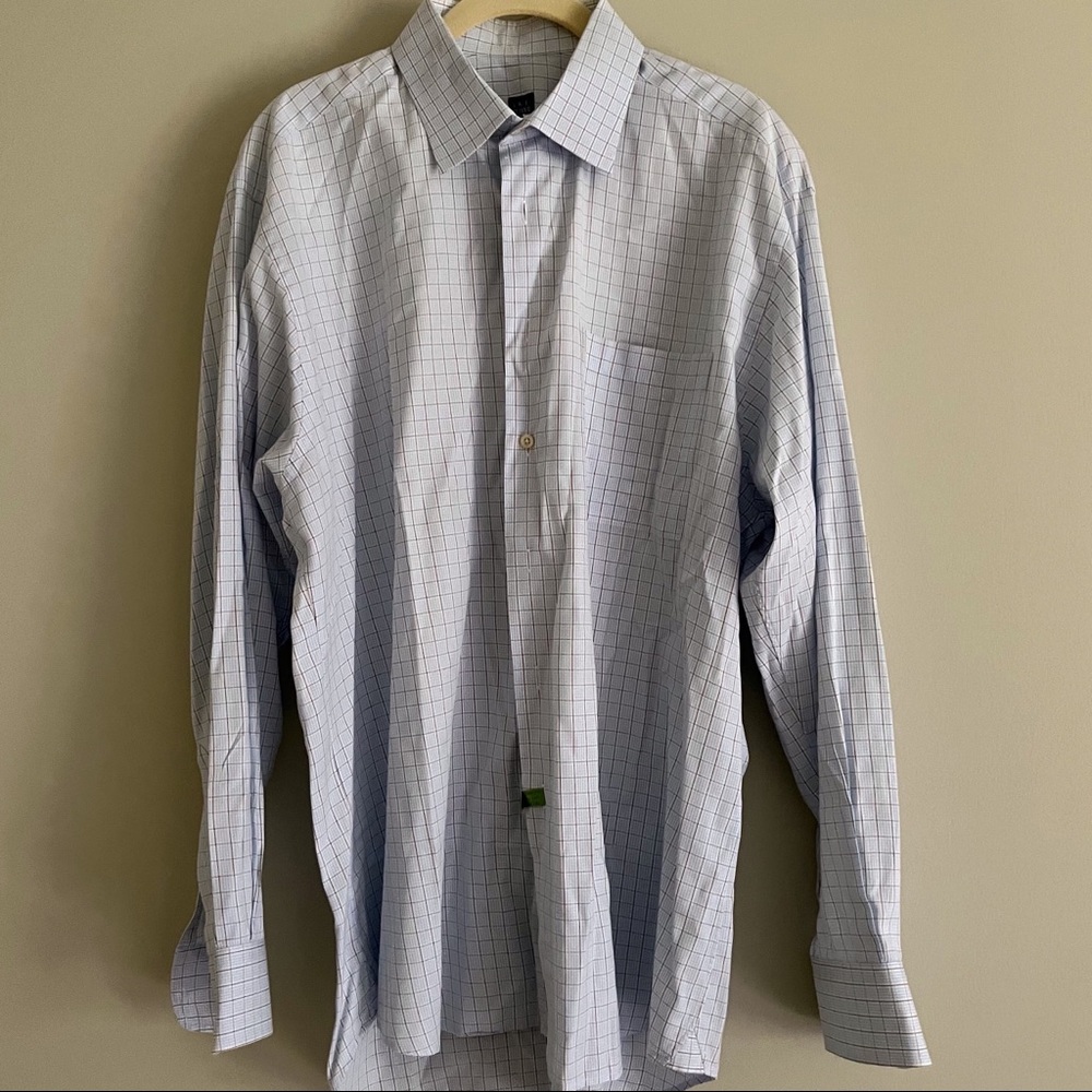 Ike Behar Men’s 16-1/2 35 Dress Shirt Blue and Brown Plaid on White Background